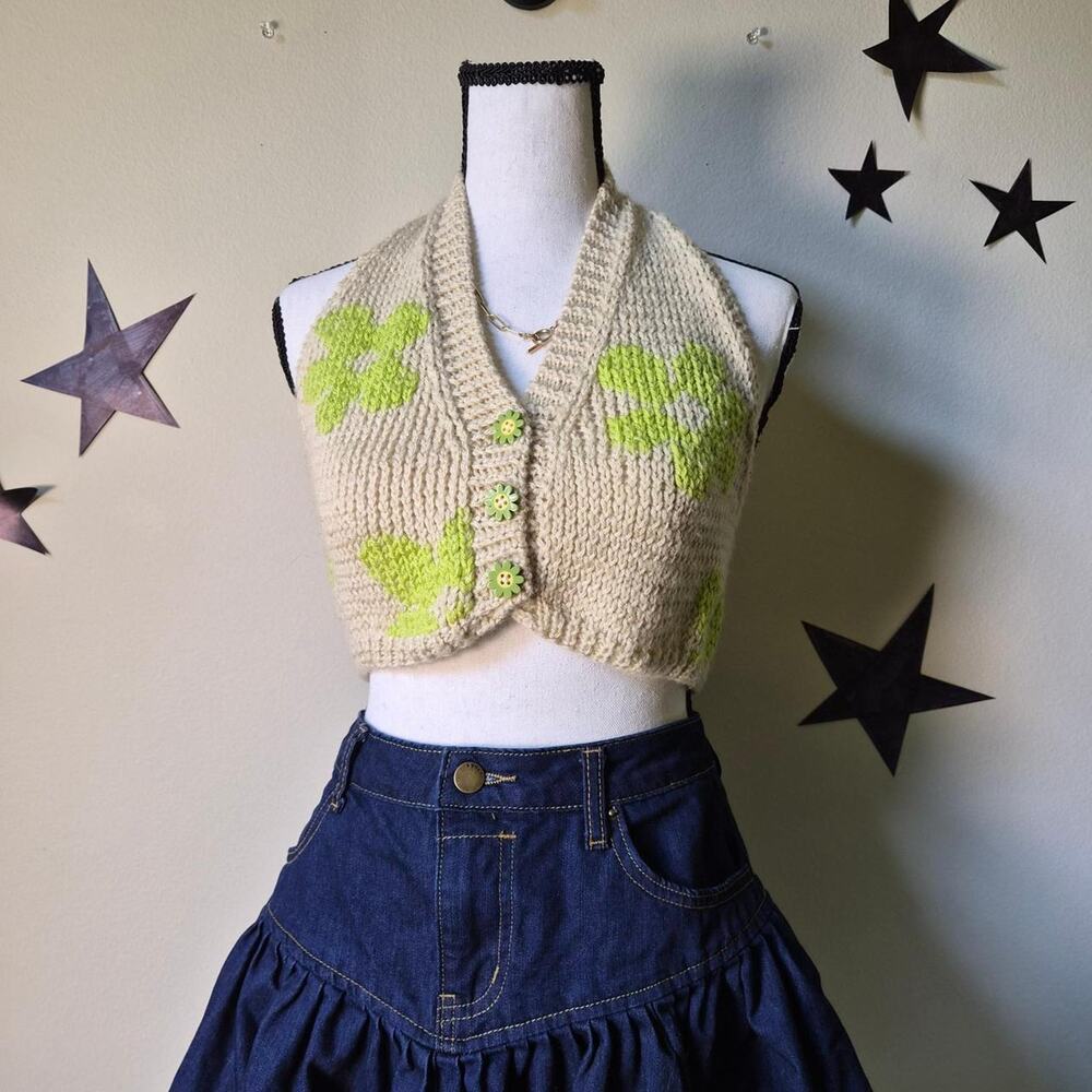 Handmade Crochet Floral Festival Halter Knit Retro Fairy Coquette Cottage XS
